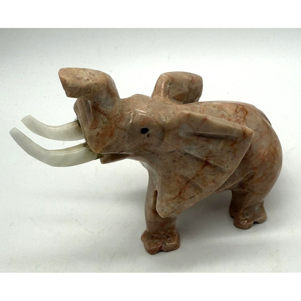 Carved Stone Elephant Figurine Sculpture Trunk Up Pink Veined Polished Decor